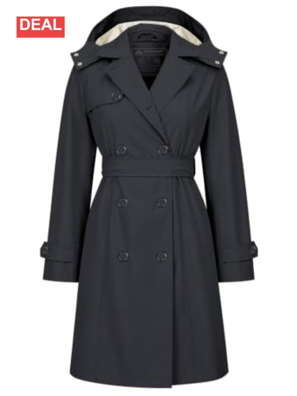 Women's Double Breasted Trench Coat with Detachable Hood Belted